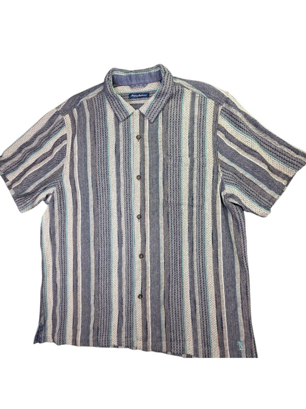 Tommy Bahama Shirt Men XL Blue Stripe Woven Cotton Camp Short Sl Casual Preppy